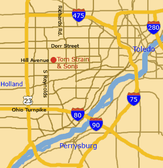 Map and Directions to Tom Strain & Sons Farm Market and Garden Center, 5041 Hill Avenue, Toledo, Ohio for plants, locally grown fruits and vegetables, Christmas trees, poinsettias and garden supplies. 